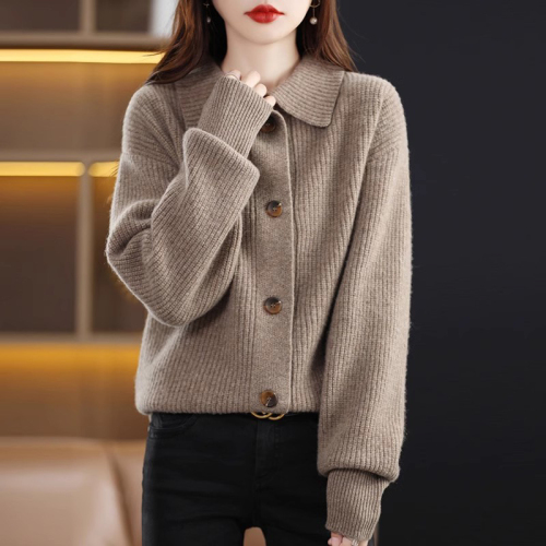 Wool cardigan women's 2024 autumn and winter new style doll collar loose lazy style cashmere knitted thickened jacket