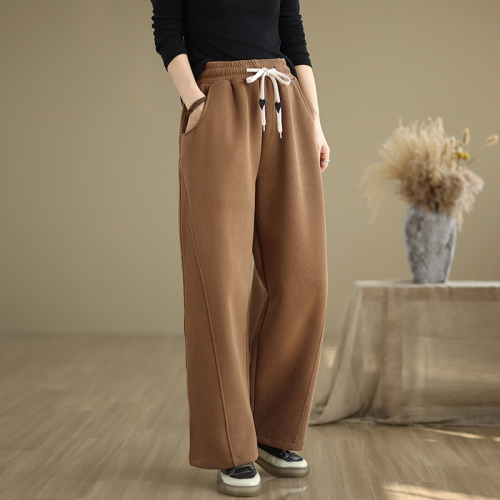 2024 Winter Velvet Casual Loose Wide Leg Pants Trousers High Waist Solid Color Straight Leg Sweatpants