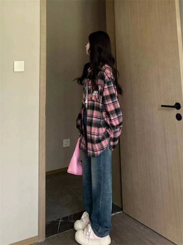 American retro sweet cool plaid long-sleeved shirt for women spring and autumn new design niche loose shirt jacket