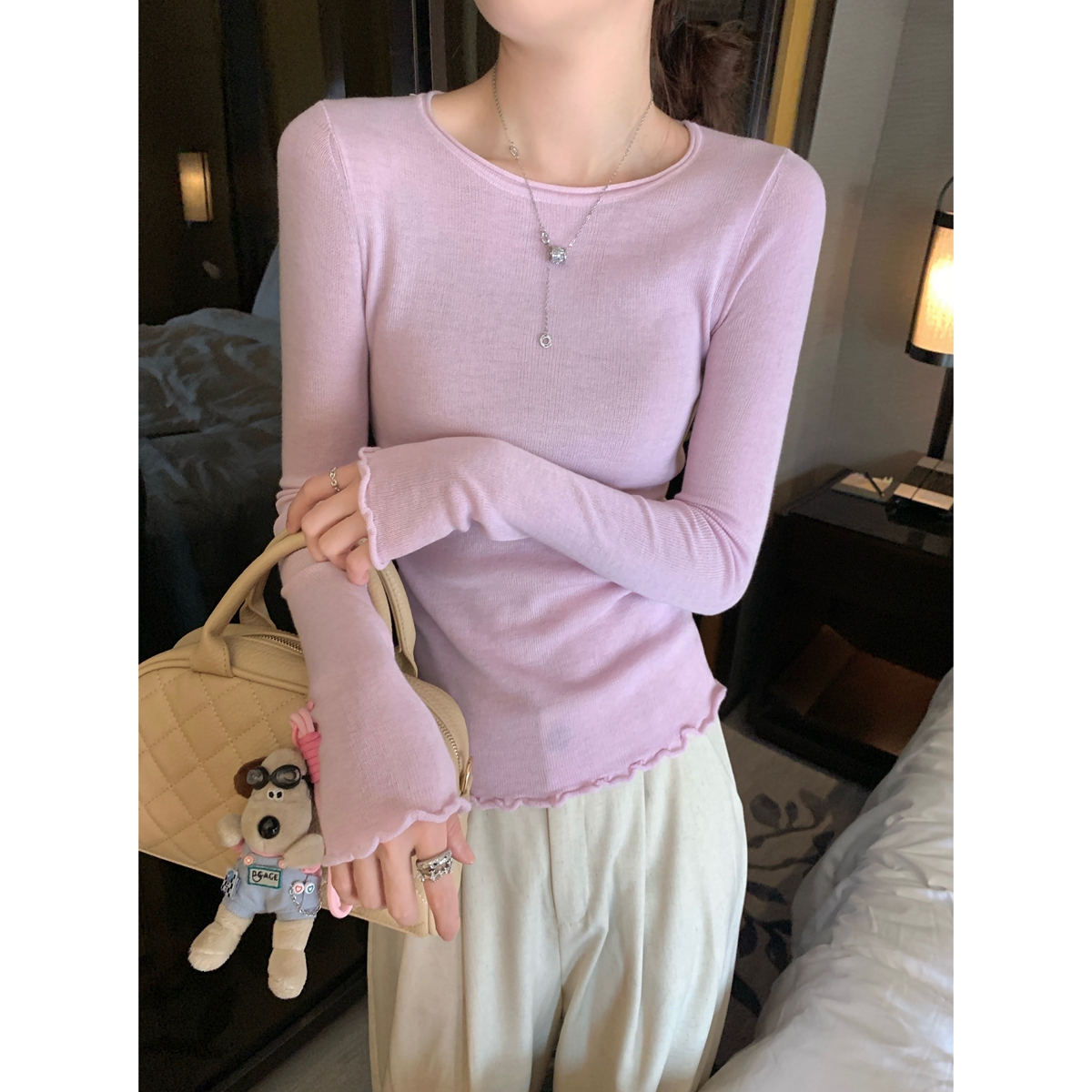 Real shot of autumn and winter Korean style temperament fungus edge slimming versatile 6 wool knitted bottoming shirt long-sleeved top