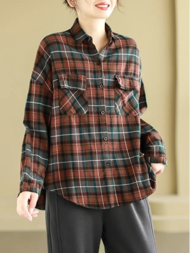 2024 new autumn retro cotton and linen long-sleeved shirt for women yarn-dyed brushed plaid irregular single-breasted bottoming shirt