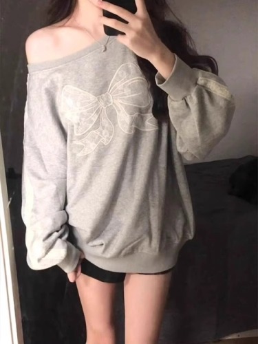 Official photo Chinese cotton composite lace bow embroidered off-shoulder sweatshirt for women with a relaxed and lazy style