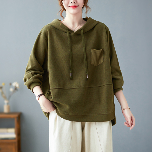 2024 Autumn New Literary Retro Pocket Casual Hooded Sweatshirt Versatile Loose Large Size Top