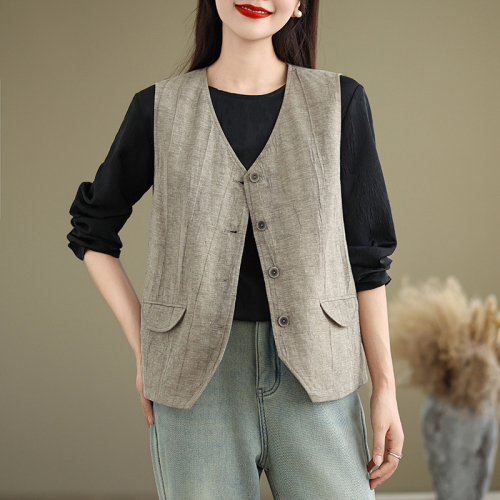 Japanese retro dirty dyed v-neck cotton and linen vest for women 2024 new khaki stacked vest