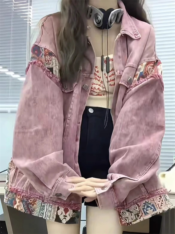 American retro splicing artistic denim jacket for women spring and autumn ethnic style niche pink jacket top