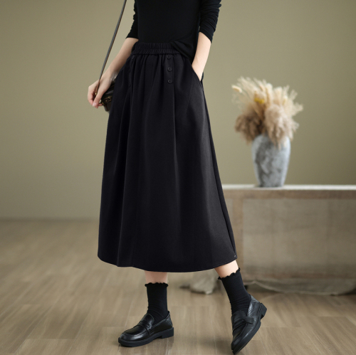 2024 Autumn and Winter Retro Woolen Loose Large Size Skirt Women's Elastic Waist Mid-Length A-Line Skirt