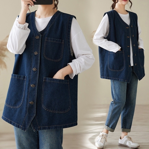 Japanese retro multi-pocket workwear denim vest loose casual top short coat vest