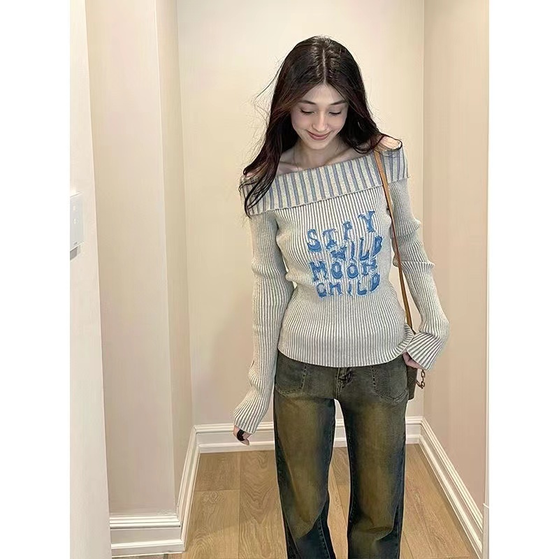 One-shoulder sweater for women in early autumn, high-end, pure desire, slim long-sleeved sweater, lazy style, y2k hot girl top ins