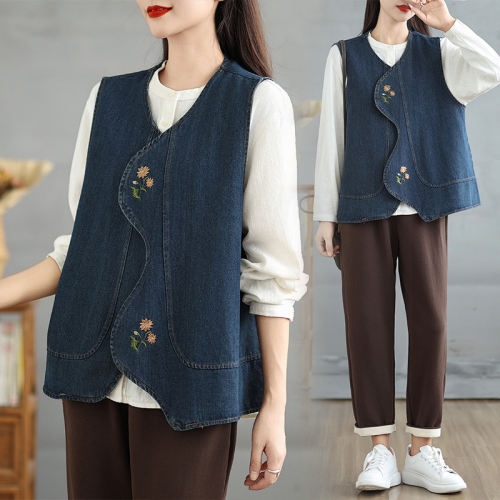 Japanese embroidered denim vest autumn new retro literary irregular wavy edge vest