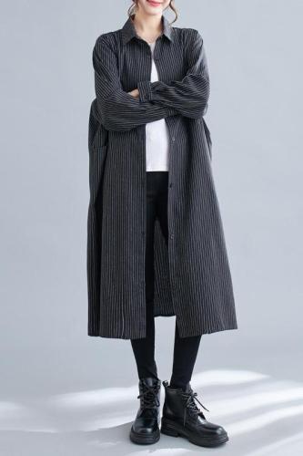 Brushed striped long-sleeved shirt dress, retro, age-reducing, loose, slimming, plus-size, temperamental long windbreaker