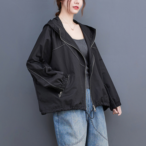 Autumn Clothing 2024 Women's Korean Style Loose Large Size Zipper Pocket Hooded Exposed Thread Short Jacket Windbreaker