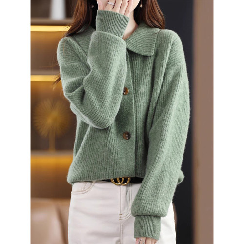 Wool cardigan women's 2024 autumn and winter new style doll collar loose lazy style cashmere knitted thickened jacket