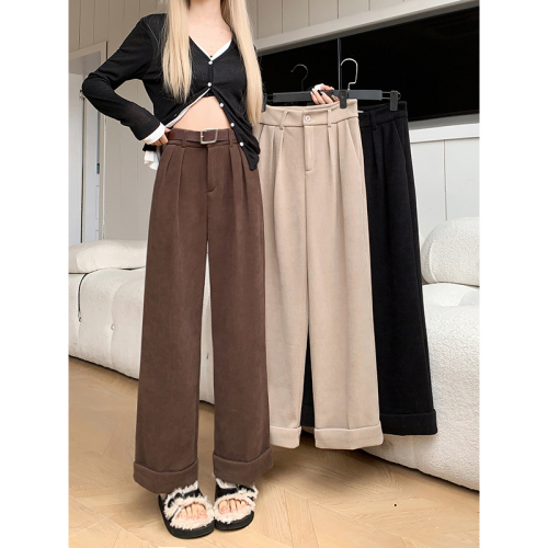 Real shot!  2024 Autumn and Winter Velvet Loose Suit Pants Casual Pants Women's Wide Leg Pants High Waist Slim Nine-Point Pants