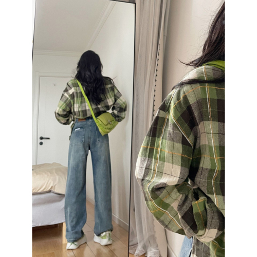 Korean style lazy style green plaid shirt for women spring and summer long-sleeved loose Polo collar temperament casual sun protection shirt trend