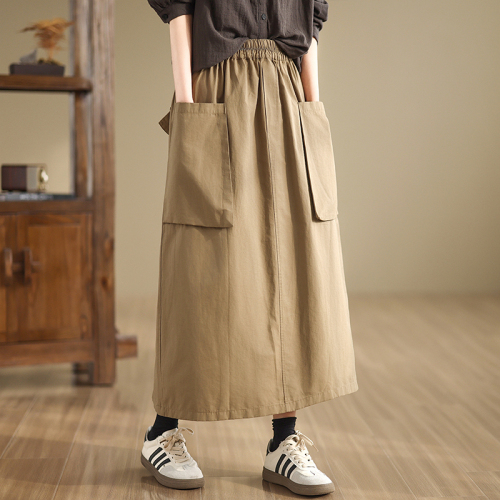 2024 Autumn Casual and Versatile Mid-Length Style Slimming Back Slit Cotton Skirt A-Line Skirt