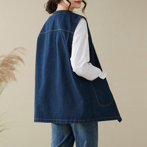 Japanese retro multi-pocket workwear denim vest loose casual top short coat vest