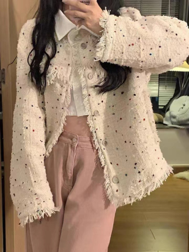 Korean style colorful polka dot small fragrance jacket for women autumn new ins casual versatile tassel jacket top