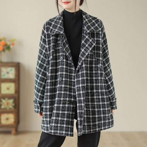 Autumn and winter fashionable and versatile loose and slim plaid woolen coat for women high-end temperament woolen coat