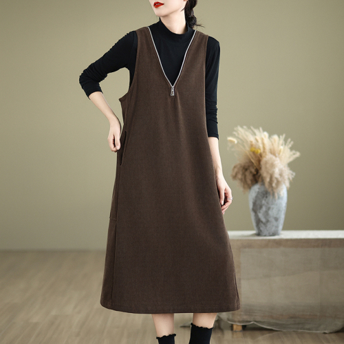 Autumn and winter loose large size V-neck versatile mid-length dress for women casual women's vest dress jacket