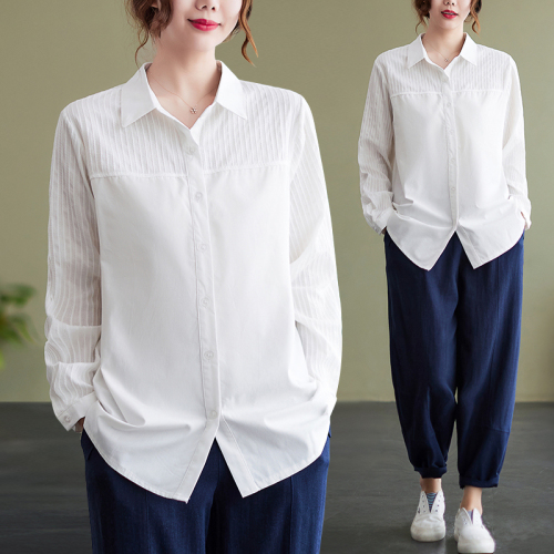 White cotton and linen shirt for women plus size plus size 200 pounds fat mm pure cotton literary versatile shirt trendy