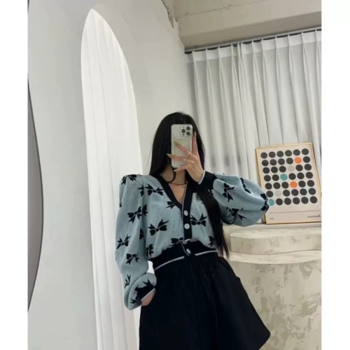 South Korea Dongdaemun Puff Sleeve Knitted Sweater Women's Cardigan Bow Print Long Sleeve Knitted Sweater Women's Short Jacket