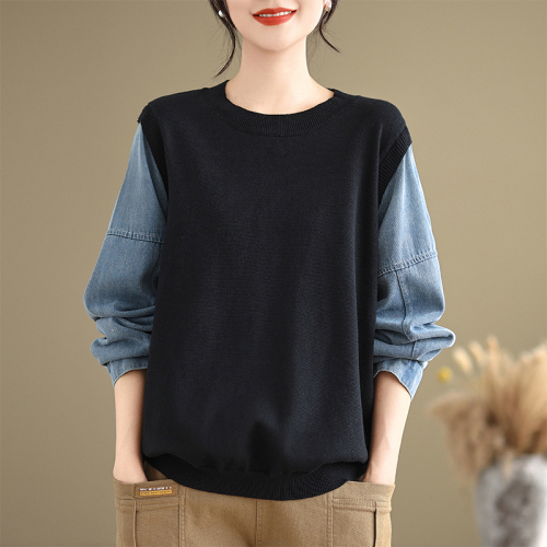 Autumn new denim patchwork sweater, lazy style gray sweater design fake two-piece top