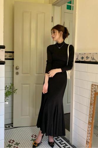 Real shot of 2024 autumn and winter new half-high collar dress for women, slim fit inner a-line fishtail skirt, long bottoming skirt