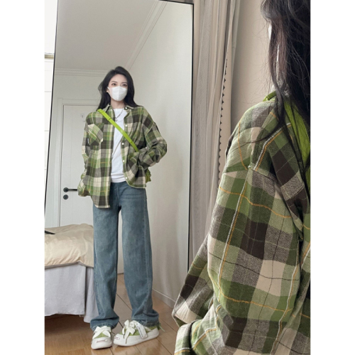 Korean style lazy style green plaid shirt for women spring and summer long-sleeved loose Polo collar temperament casual sun protection shirt trend
