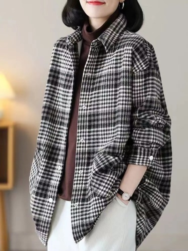 Jacket women's new spring and autumn jacket literary plaid casual loose mid-length without velvet