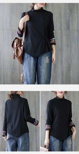 2024 Autumn Retro Embroidered Disc Button Stretch Cotton Long Sleeve Bottoming Shirt Loose Large Size T-Shirt