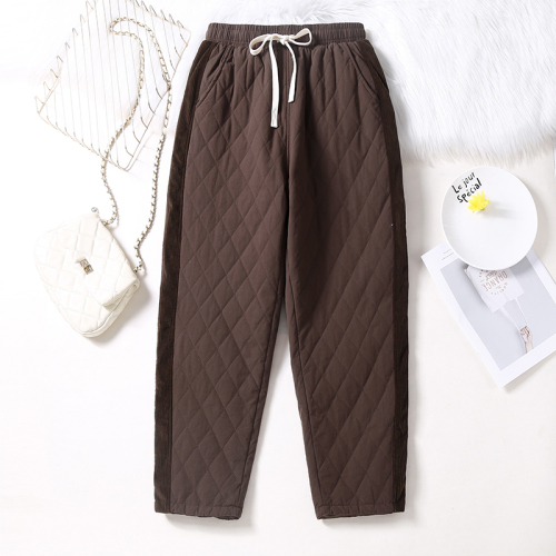 2024 winter new style quilted thickened rhombus side stitching cotton pants trendy large size slimming but not bloated casual pants for women