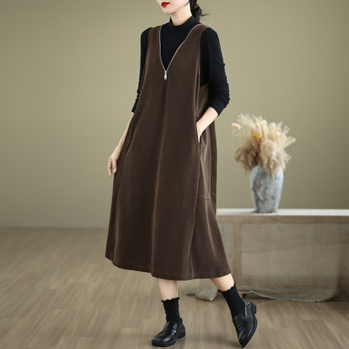 Autumn and winter loose large size V-neck versatile mid-length dress for women casual women's vest dress jacket