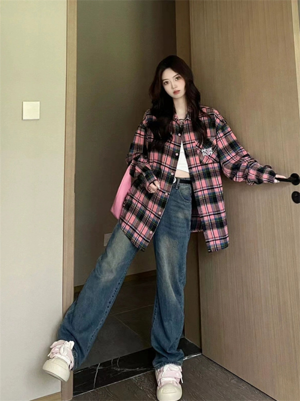 American retro sweet cool plaid long-sleeved shirt for women spring and autumn new design niche loose shirt jacket