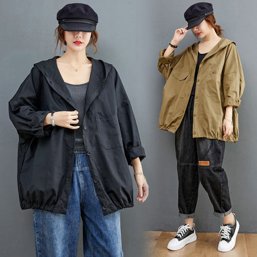 Real shot of 2024 autumn clothing loose large size fat mm long-sleeved hooded windbreaker jacket women's tops