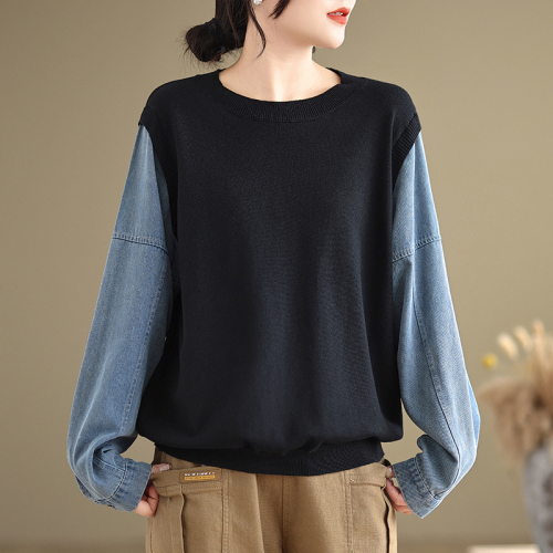 Autumn new denim patchwork sweater, lazy style gray sweater design fake two-piece top