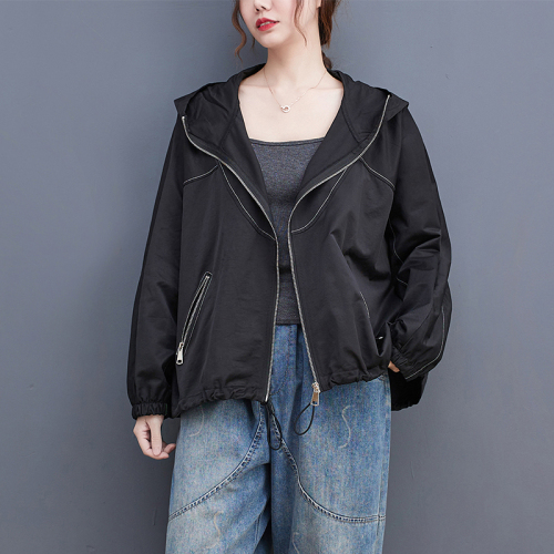 Autumn Clothing 2024 Women's Korean Style Loose Large Size Zipper Pocket Hooded Exposed Thread Short Jacket Windbreaker