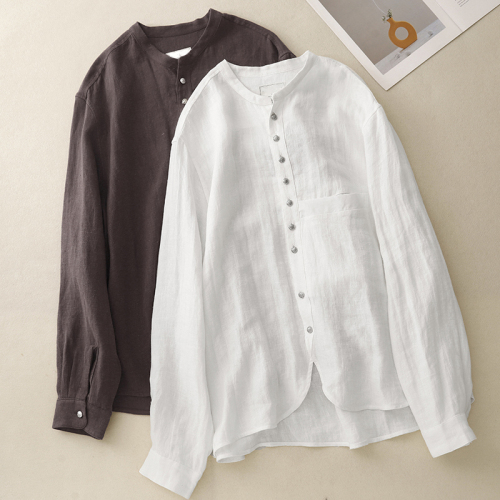 2024 autumn new cotton and linen large size loose big pocket artistic long-sleeved shirt