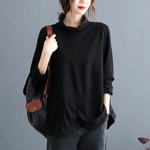 Real shot of 2024 autumn new literary retro casual splicing loose long-sleeved T-shirt high-neck bottoming shirt