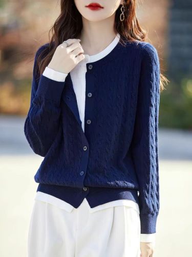 Retro twist contrast fake two-piece knitted cardigan women's sweater French layered high-end top