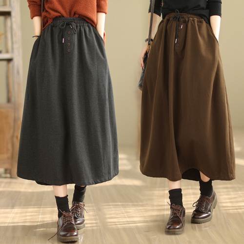 Woolen skirt women's autumn and winter high-waist slim long skirt solid color versatile elastic waist drawstring A-line skirt