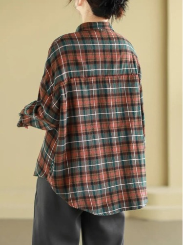 2024 new autumn retro cotton and linen long-sleeved shirt for women yarn-dyed brushed plaid irregular single-breasted bottoming shirt