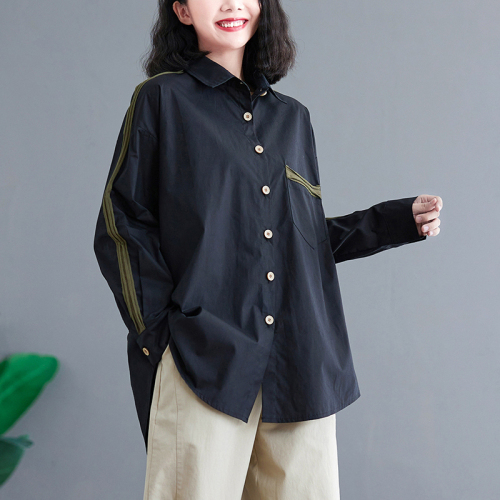 Contrast color piping cotton shirt for women, large size autumn loose casual polo collar shirt