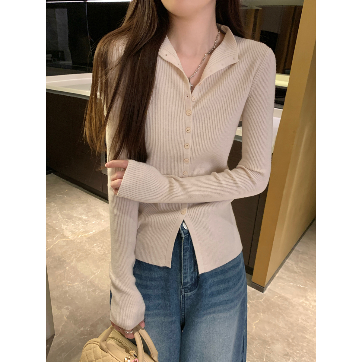 Actual shot of autumn and winter Korean style semi-open collar single-breasted versatile cashmere knitted long-sleeved cardigan top for women