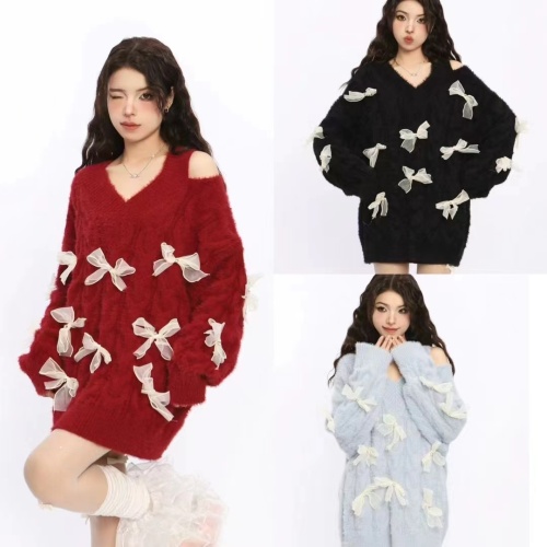 South Korea's Dongdaemun off-shoulder New Year's shirt red bow sweater women's design lazy style sweater trend