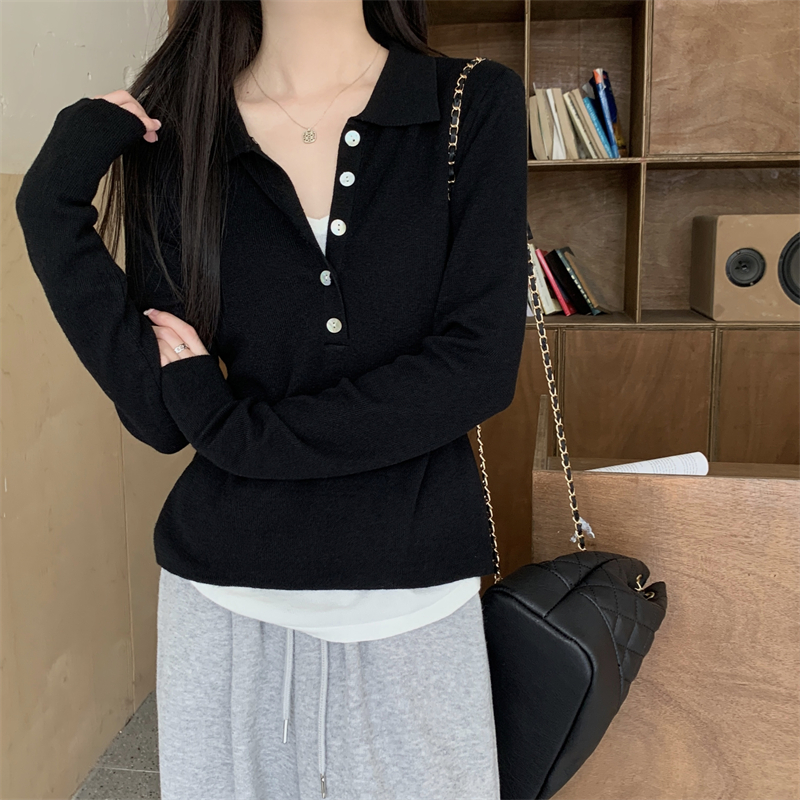 實拍 真 秋季新款假兩件拼色polo領打底長袖針織衫