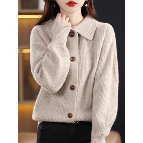 Wool cardigan women's 2024 autumn and winter new style doll collar loose lazy style cashmere knitted thickened jacket