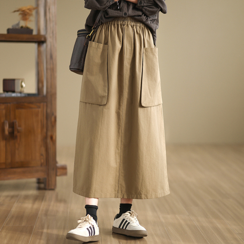 2024 Autumn Casual and Versatile Mid-Length Style Slimming Back Slit Cotton Skirt A-Line Skirt