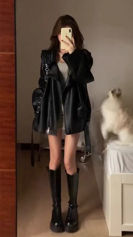 Leather jacket women's autumn new black leather jacket popular retro American style short top autumn