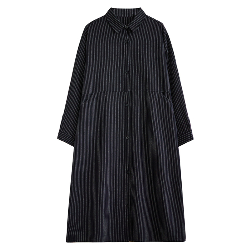 Brushed striped long-sleeved shirt dress, retro, age-reducing, loose, slimming, plus-size, temperamental long windbreaker