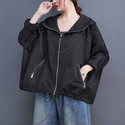 Autumn Clothing 2024 Women's Korean Style Loose Large Size Zipper Pocket Hooded Exposed Thread Short Jacket Windbreaker